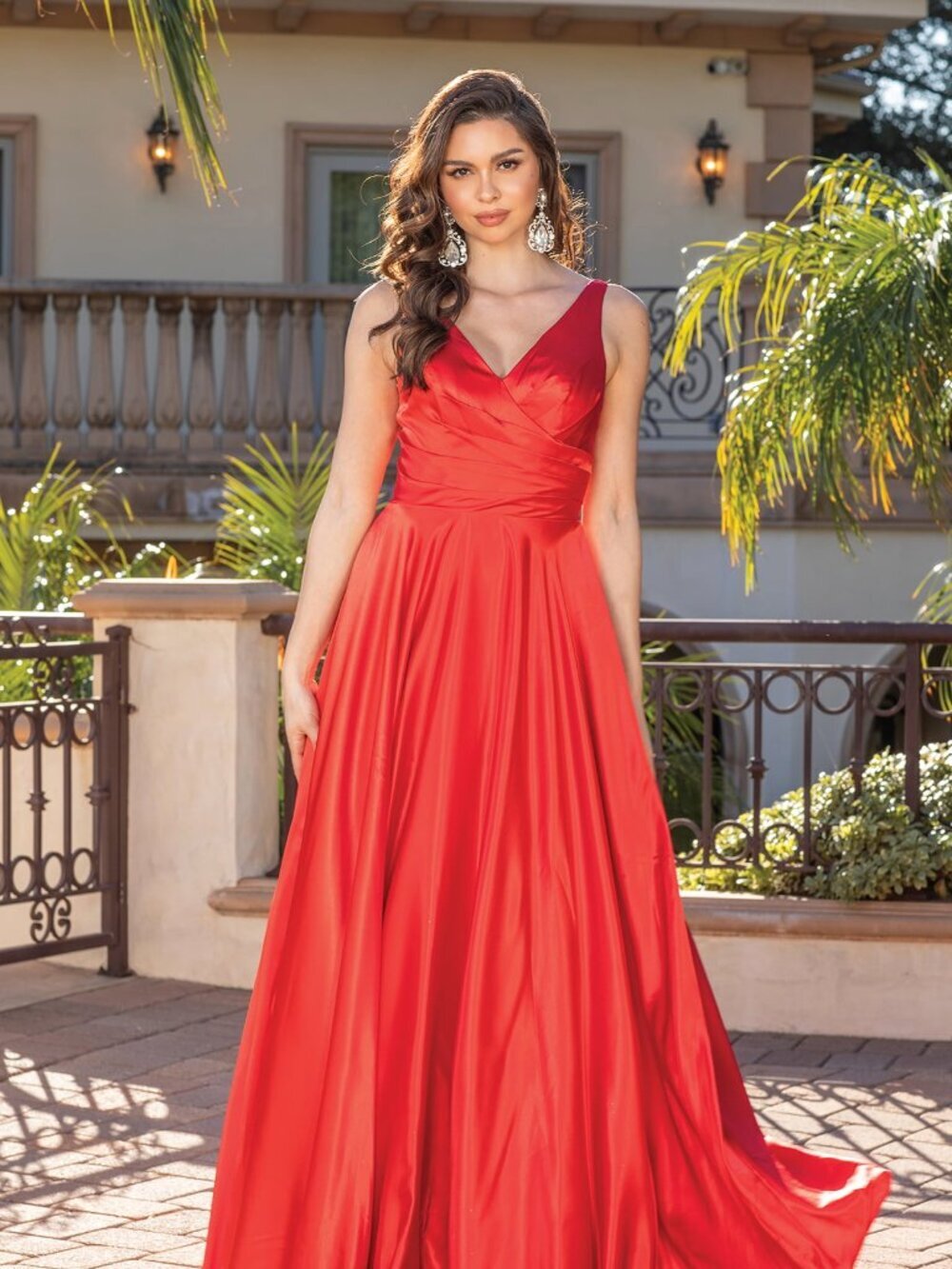 New Red Sleeveless A-Line Long Solid Satin Festive Dress w/ V-Neckline DQ 4262